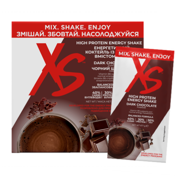 XS Энергетический коктейль с высоким содержанием белка, вкус «черный шоколад» 14 пакетиков x 67,1 г / 939 г